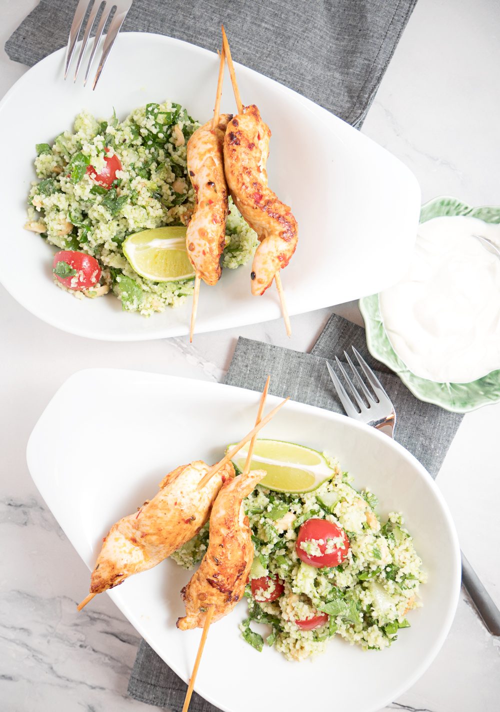 Raw broccoli tabouleh with spicy chicken and tahini yoghurt