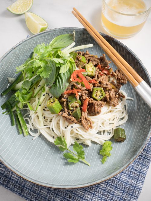 spicy beef with somen noodles and okras