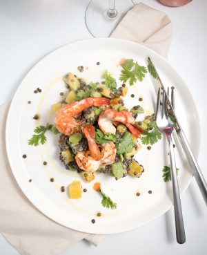 beluga lentil tiger prawn salad