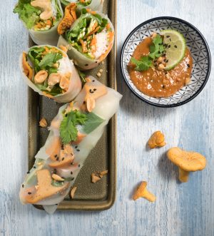 summer rolls chanterelles Pfifferlinge spicy peanut sauce