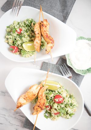 Raw broccoli tabouleh with spicy chicken and tahini yoghurt