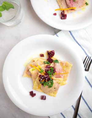 Homemade beet ravioli with Orange butter