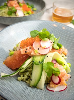 Matcha Salmon poke with ruby grapefruit dressing